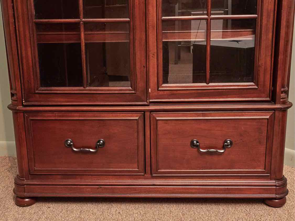 Riverside  Stained Cherry 2 Glass Sliding Doors 3 Shelf 2 Drawers Bookcase