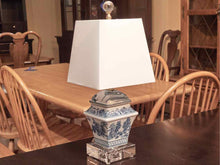 Blue & White Chinoiserie Square Table Lamp & Cream Silk Shade