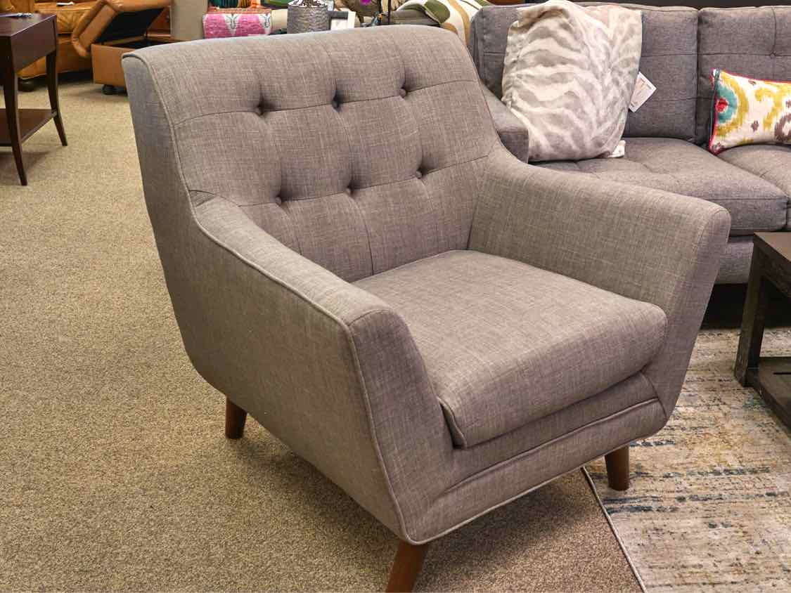 Contemporary Grey Upholstered Arm Chair with Button Back