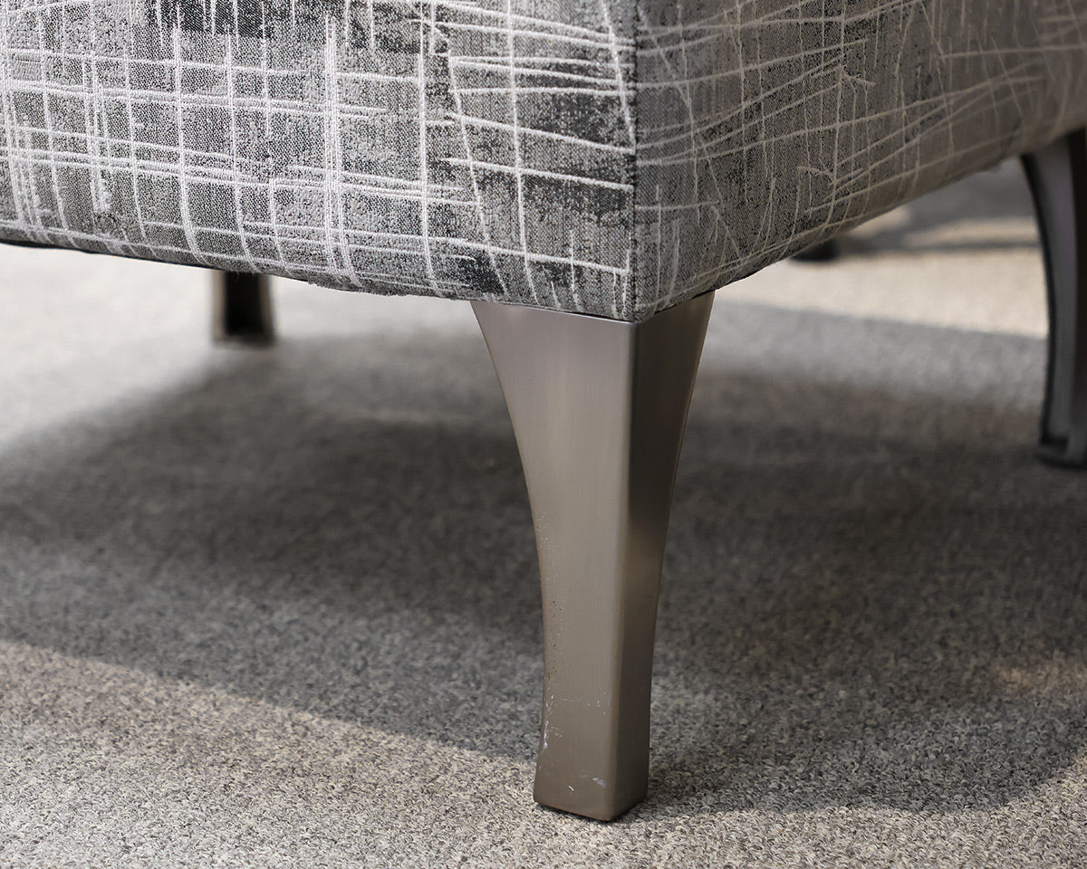 Bassett Custom Ottoman in Grey & White Sketch Abstract on Brushed Stainless Legs