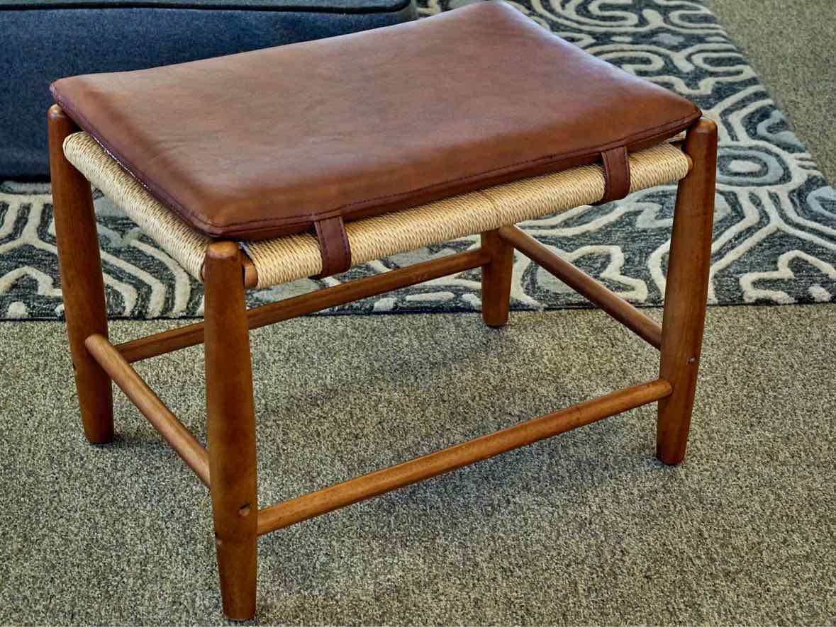 Walnut Stool with Brown Faux Leather Strapping