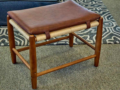 Walnut Stool with Brown Faux Leather Strapping
