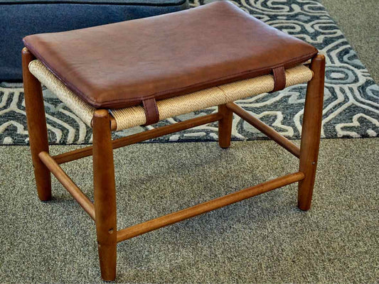 Walnut Stool with Brown Faux Leather Strapping