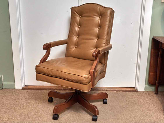 Ethan Allen Tan Leather Arm  Office Chair On Wheels