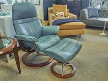 Ekornes Stressless Sunrise Recliner & Ottoman in Paloma Sparrow Blue Leather