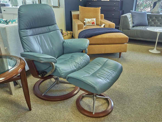 Ekornes Stressless Sunrise Recliner & Ottoman in Paloma Sparrow Blue Leather