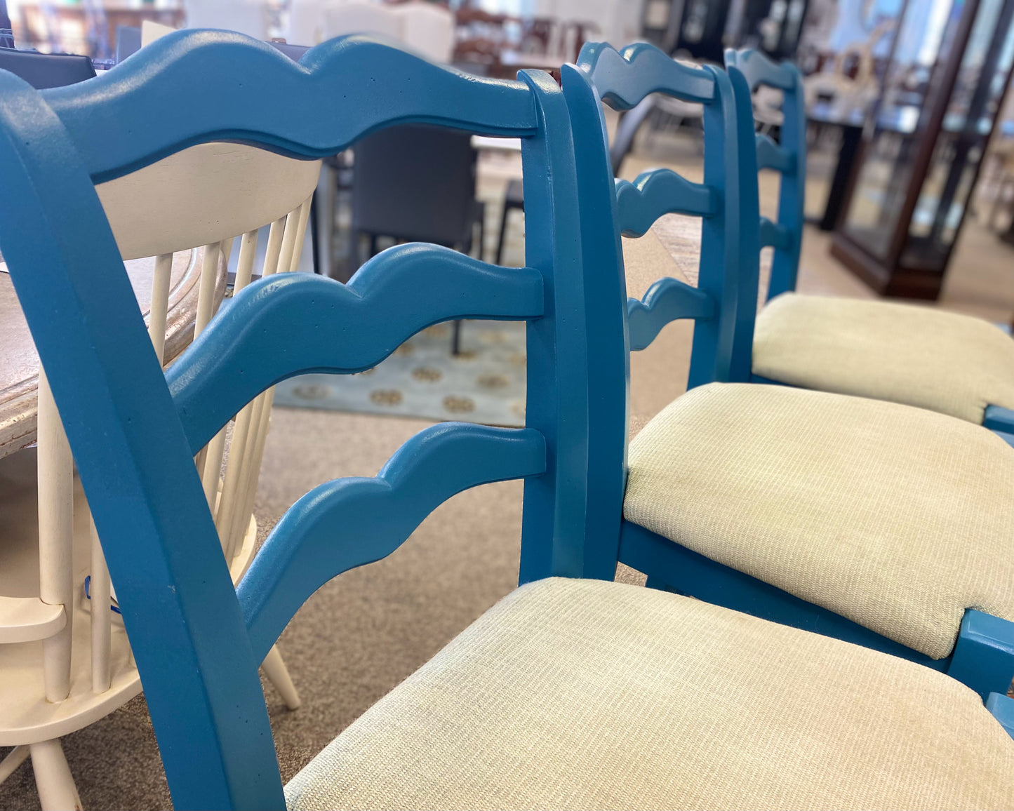 Set of 3 Ethan Allen Peacock Blue Finish Bar Stools with Upholstered Seats
