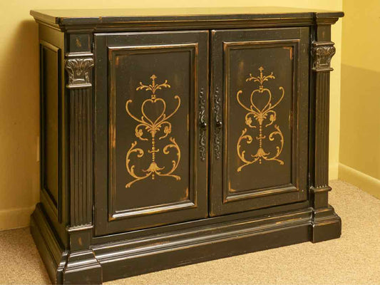 High Gloss Black Finish Gold Stencil Accents 2 Door 2 Shelf  Sideboard