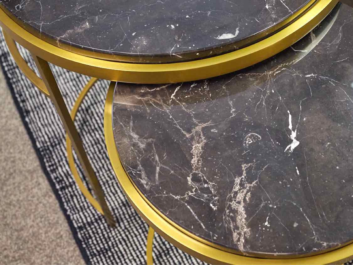 Pair of Black Marble Nesting  Side Tables with  Brass Base