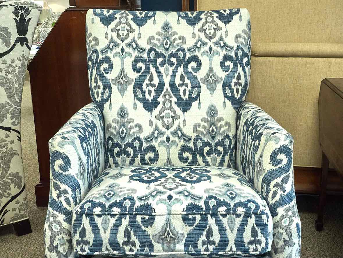 Pair of Arhaus Swivel Recliner in Blue, White and Grey Ikat Fabric