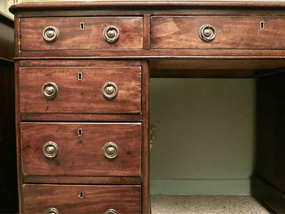 Antique Cherry Leather Top 9 Drawer Desk On Casters