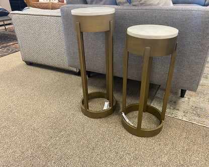 Pair of Palecek ' Bixby' Antique Brass  Side Tables with White Stone Tops