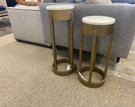 Pair of Palecek ' Bixby' Antique Brass  Side Tables with White Stone Tops