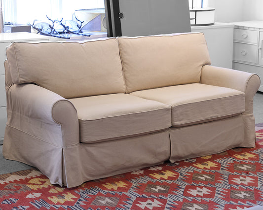 Queen Sleeper Sofa in Beige Woven Upholstery w/Skirt. 2 Cushion