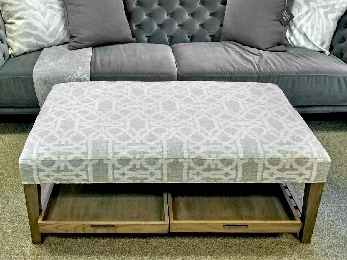 Arhaus Fletcher Upholstered Ottoman W/ Wooden Shelf & Matching Trays