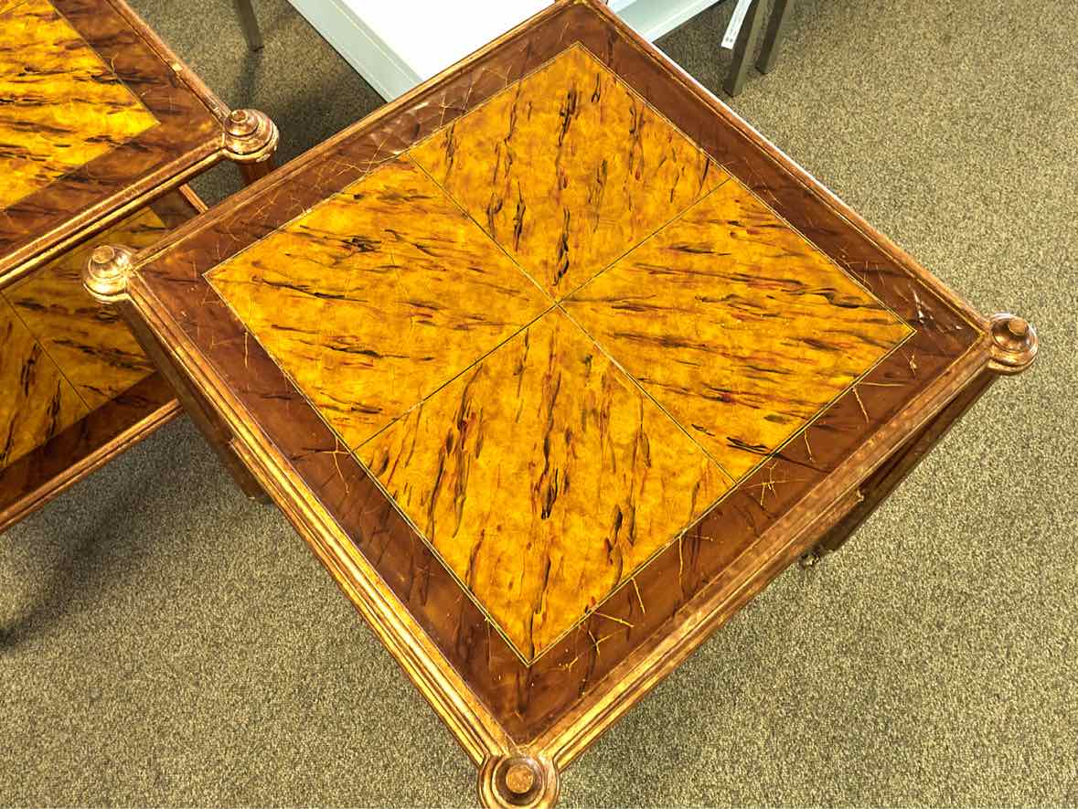 Pair of Gilded Square Side Tables on Casters with Decorative Top and Shelf