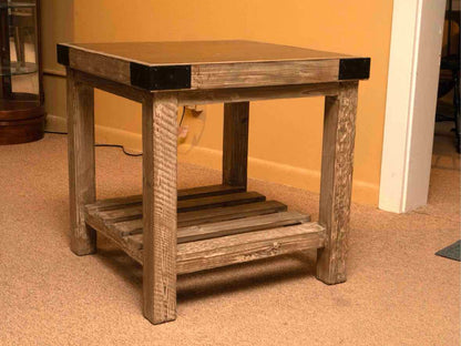 Stone Top Grey Wash Finish Side Table with Plank Wood Shelf