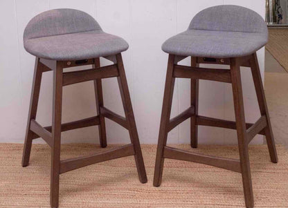 Pair Of Grey Upholstered Counter Stools Dark Stained Ash Legs