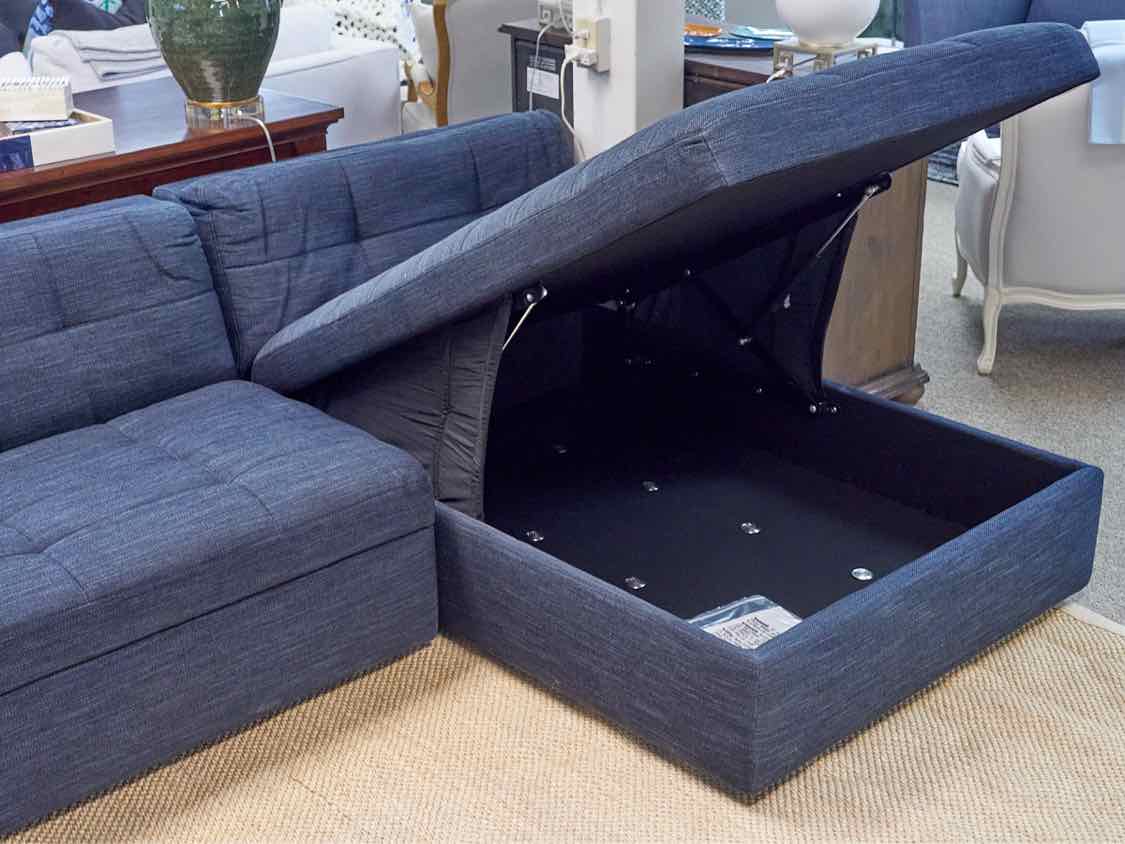 Blue Upholstered Modern Bench Cushion Reversible  Sectional with Storage Chaise