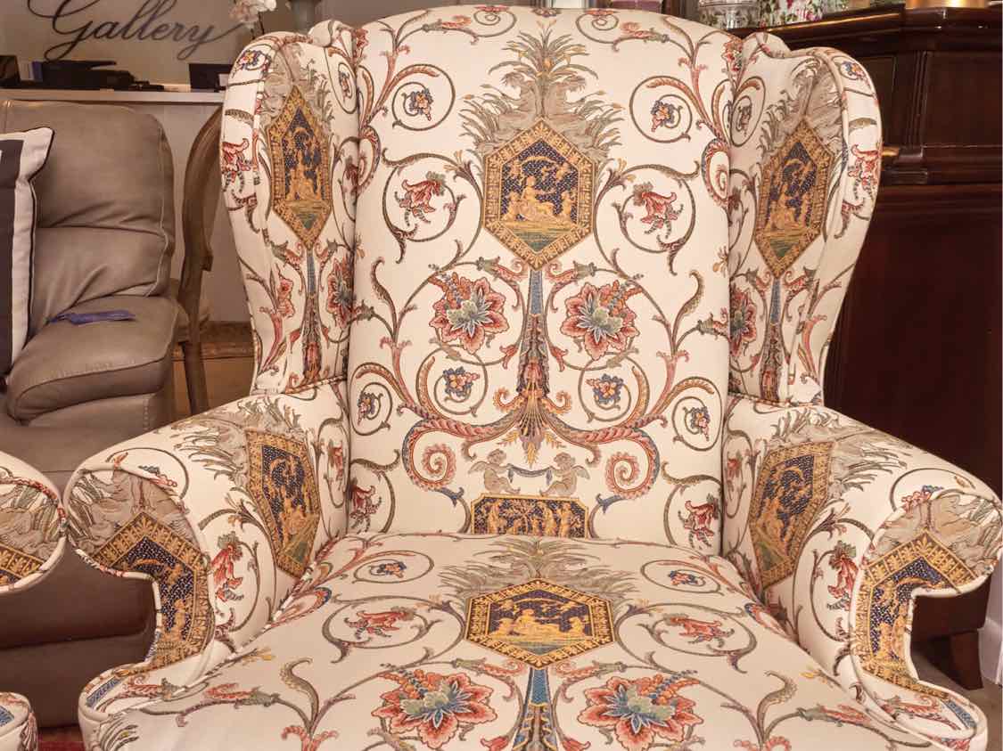 Pair of Statesville Chair Company Upholstered Wing Chairs with Center Medallion