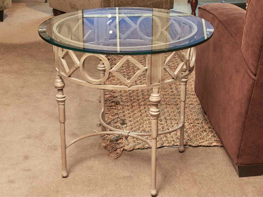Round Glass Top 'Putty Sand' Finish Wrought Iron Side Table
