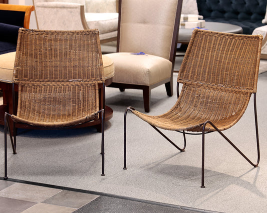 Pair of Frederic Weinberg Wicker and Steel Accent Chairs