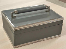 Global Views Wrapped Leather Handle Box in Grey & Brushed Stainless