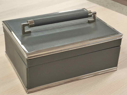 Global Views Wrapped Leather Handle Box in Grey & Brushed Stainless