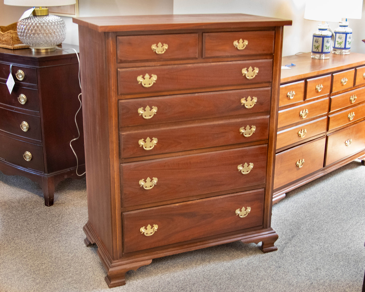 Dixie Forest Walnut 6 DrawerTall Chest With Chippendale Brass Hardware