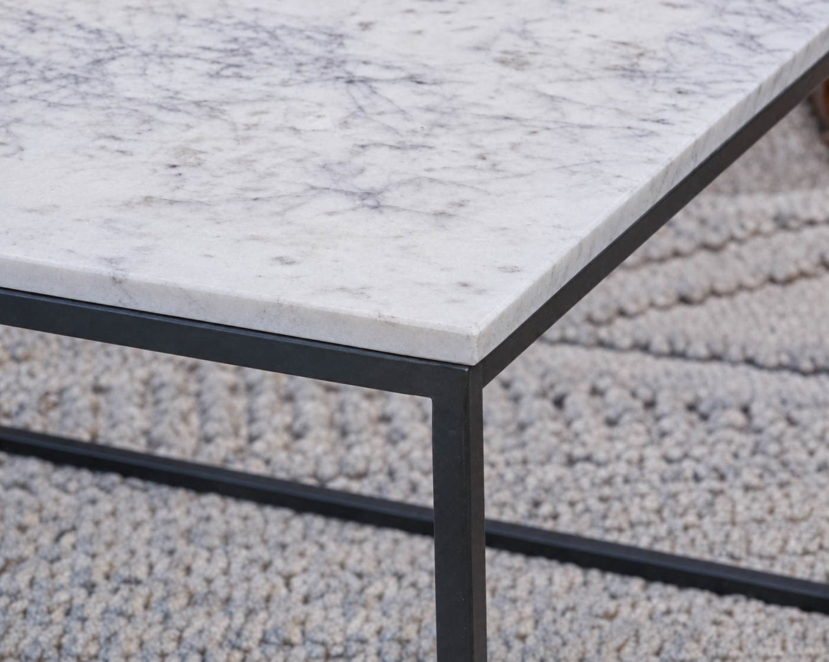 Pair of 'Delaney' White Marble Side Tables with Metal Frame Base