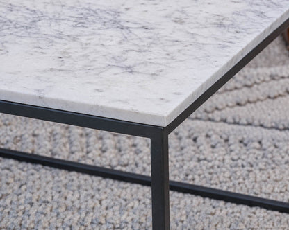 Pair of 'Delaney' White Marble Side Tables with Metal Frame Base