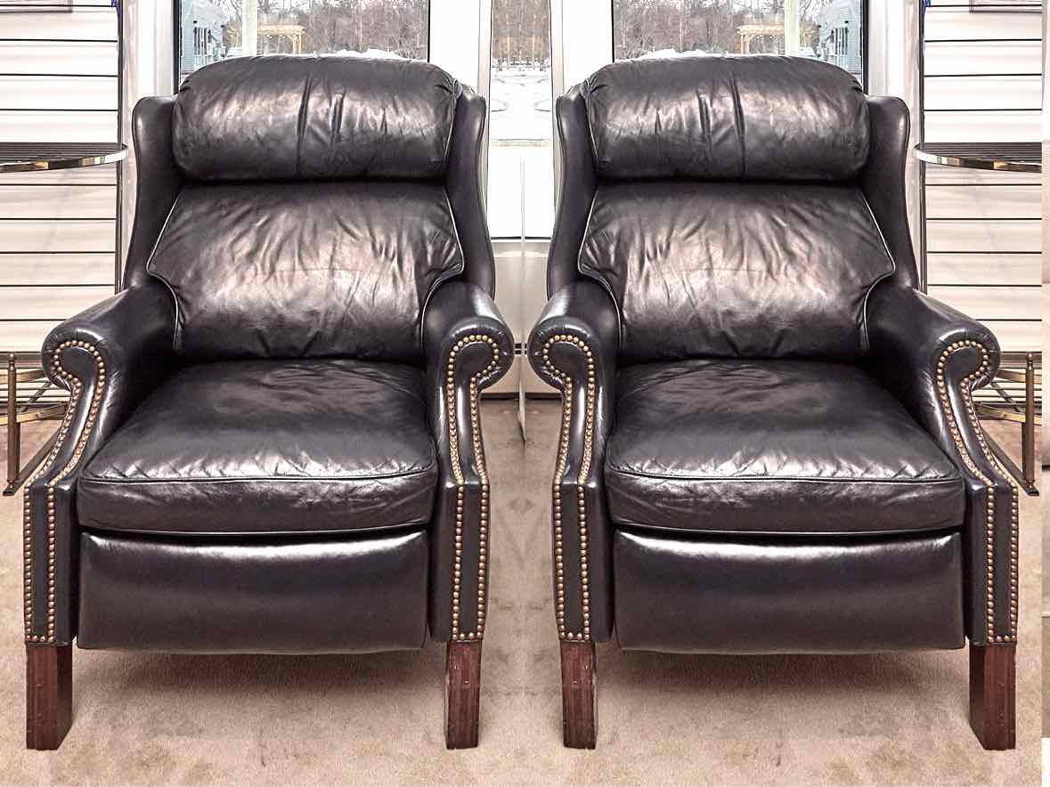 Pair of Hancock and Moore  Navy Blue Leather Bustle Back Reclining Chairs