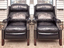 Pair of Hancock and Moore  Navy Blue Leather Bustle Back Reclining Chairs