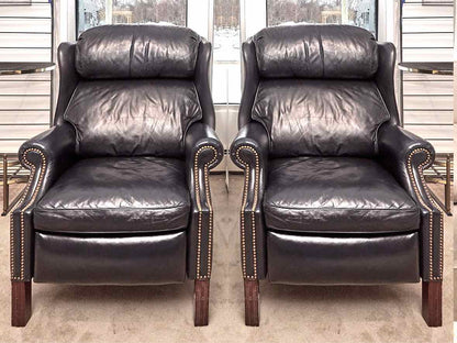 Pair of Hancock and Moore  Navy Blue Leather Bustle Back Reclining Chairs