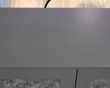 Custom Media Console in Grey Finish with Mirrored Doors & Satin Gold Hardware