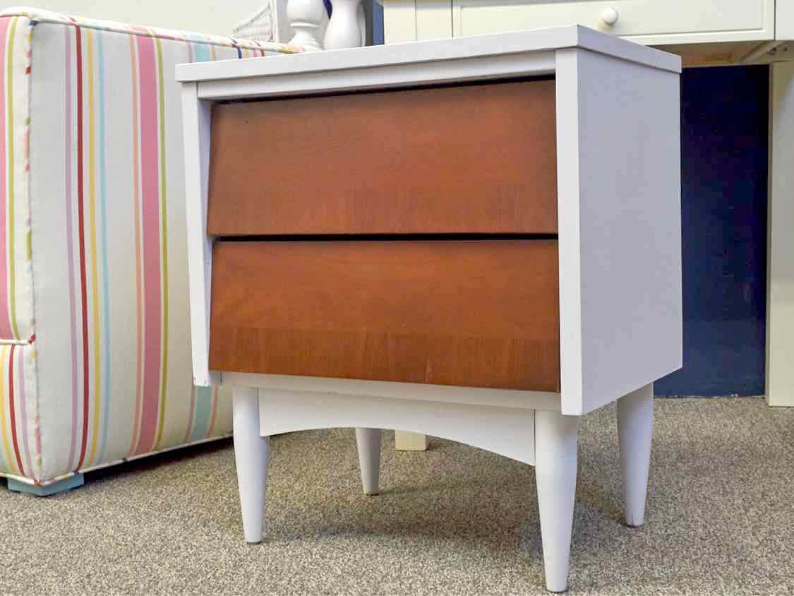 Mid Century Modern Arctic White Finish 2 Walnut Front Drawer Nightstand