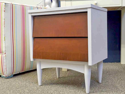 Mid Century Modern Arctic White Finish 2 Walnut Front Drawer Nightstand