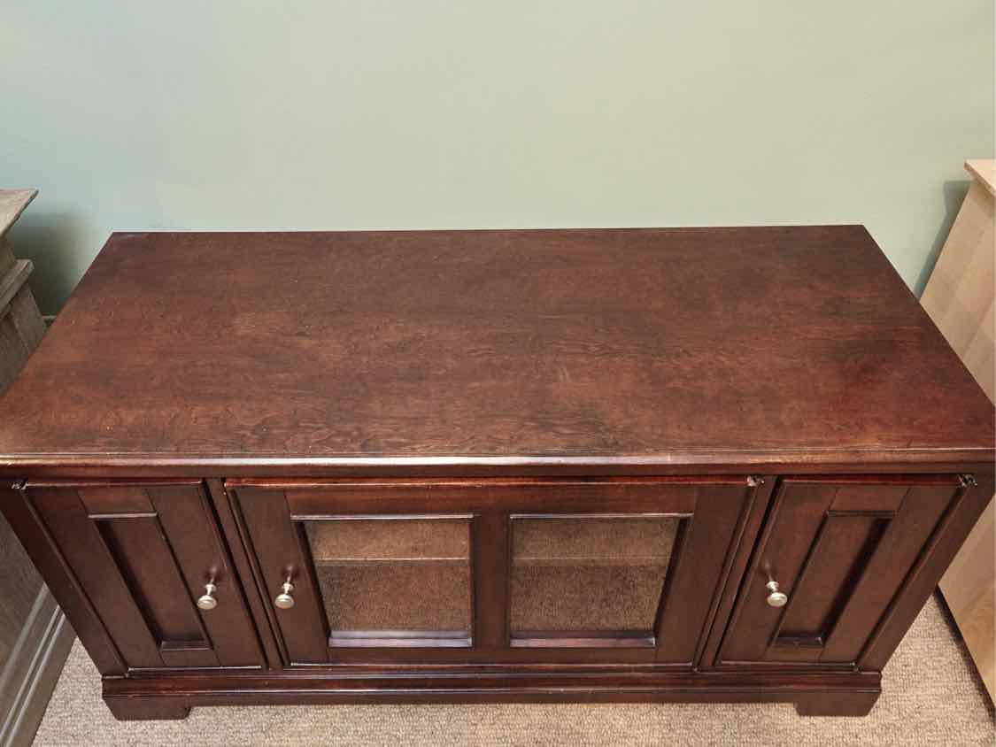 Cherry Stain Media Furniture with Glass Door & 2 Wood Doors