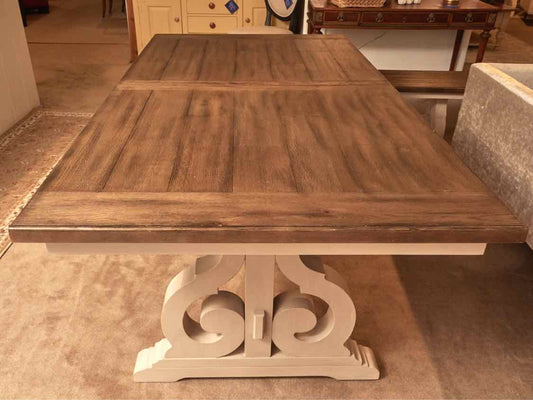 Trestle Style Espesso Finish Oak 'Sand' Finish Base Dining Table