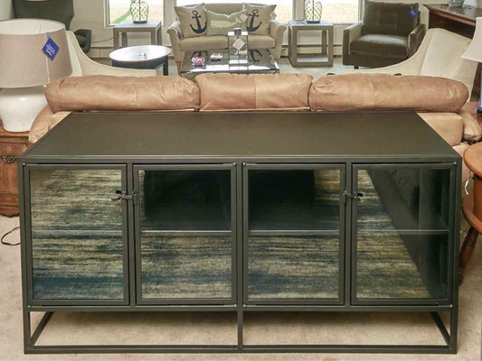 Crate & Barrel Black Metal Casement Bar Cabinets with 4 Glass Doors