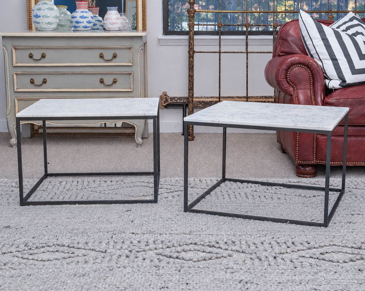 Pair of 'Delaney' White Marble Side Tables with Metal Frame Base