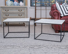 Pair of 'Delaney' White Marble Side Tables with Metal Frame Base
