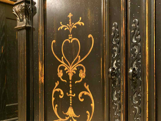 High Gloss Black Finish Gold Stencil Accents 2 Door 2 Shelf  Sideboard