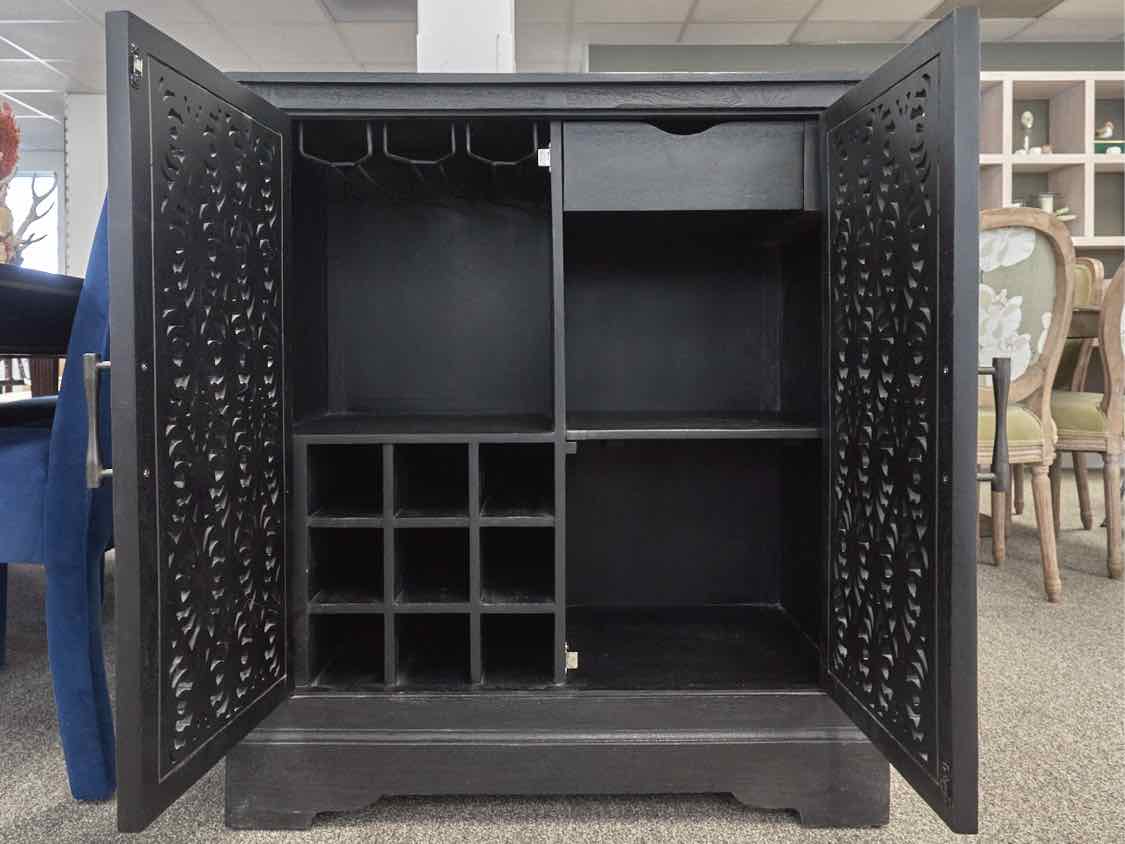 Black Bar Carved 2 Door Wine Cabinet w/ Glass Rack