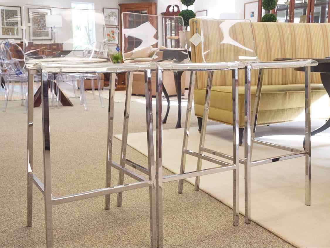Set of 3  CB2 Chrome and Acrylic  Bar Stools