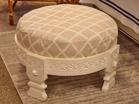 Serena & Lily White Finish Carved Base with Beige & Ivory Trellis  Pouf  Ottoman