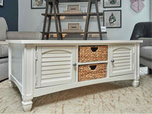 White Finish Plank Top 4 Door 2 Basket Shelf Cocktail Table