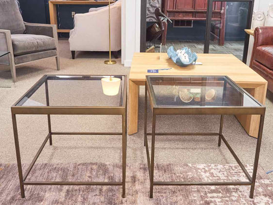 Pair of Glass Top Side Tables with Brass Finish Frame