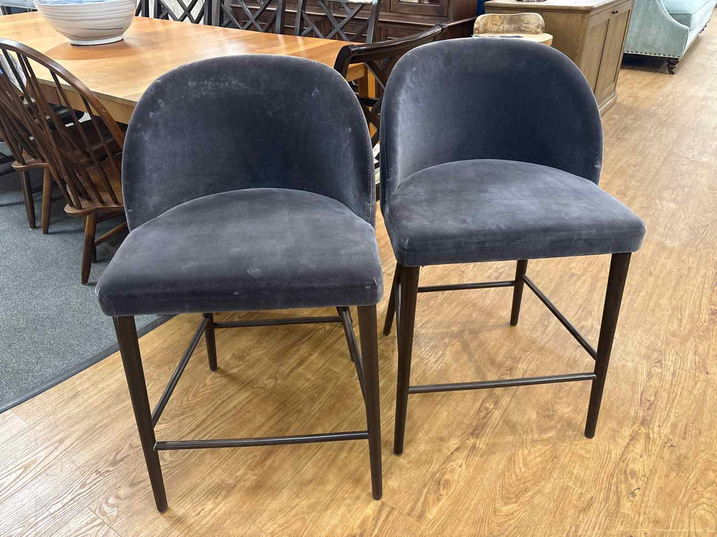 Crate & Barrel Pair of 'Camille' Velvet Counter Stools