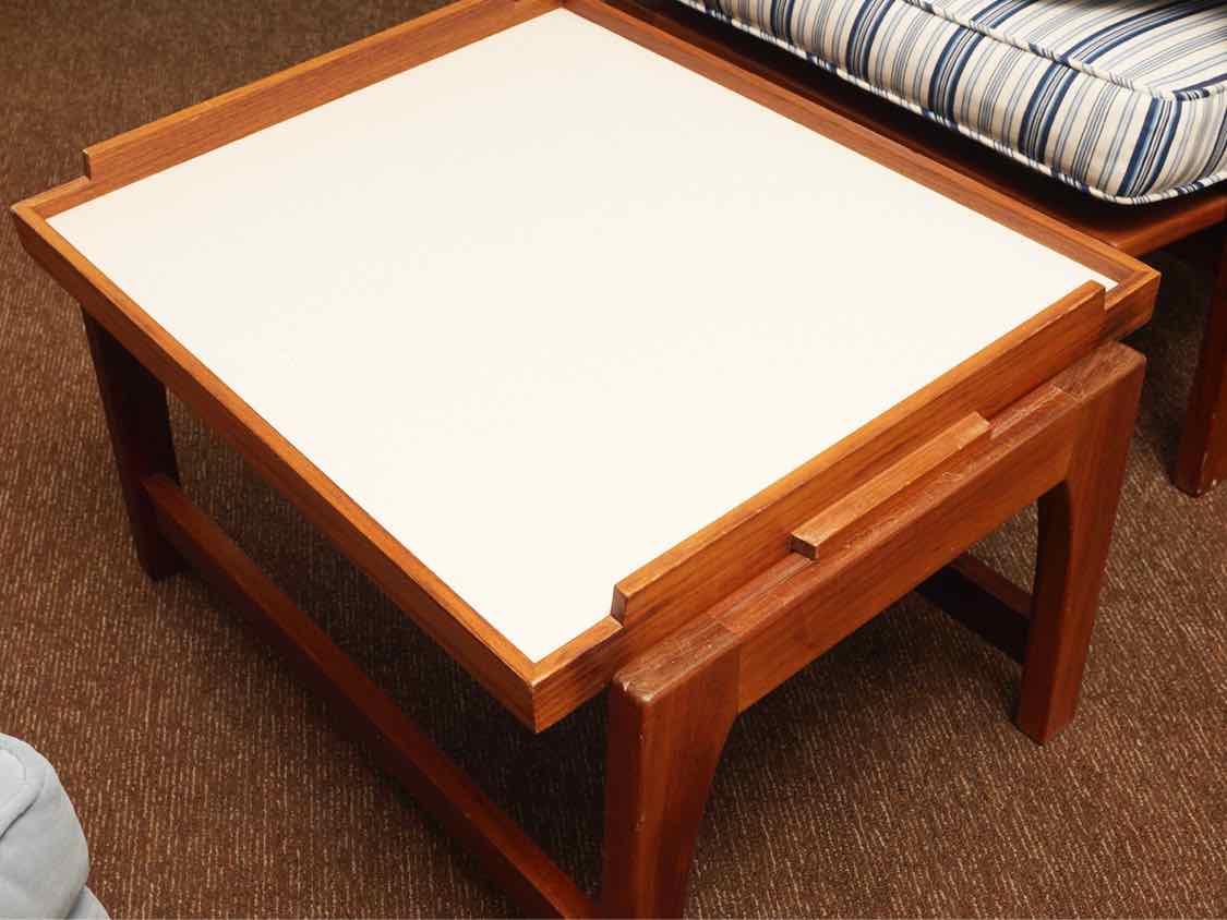 Teak Reclining Chair Blue & Stripe Fabric Includes Tray Ottoman